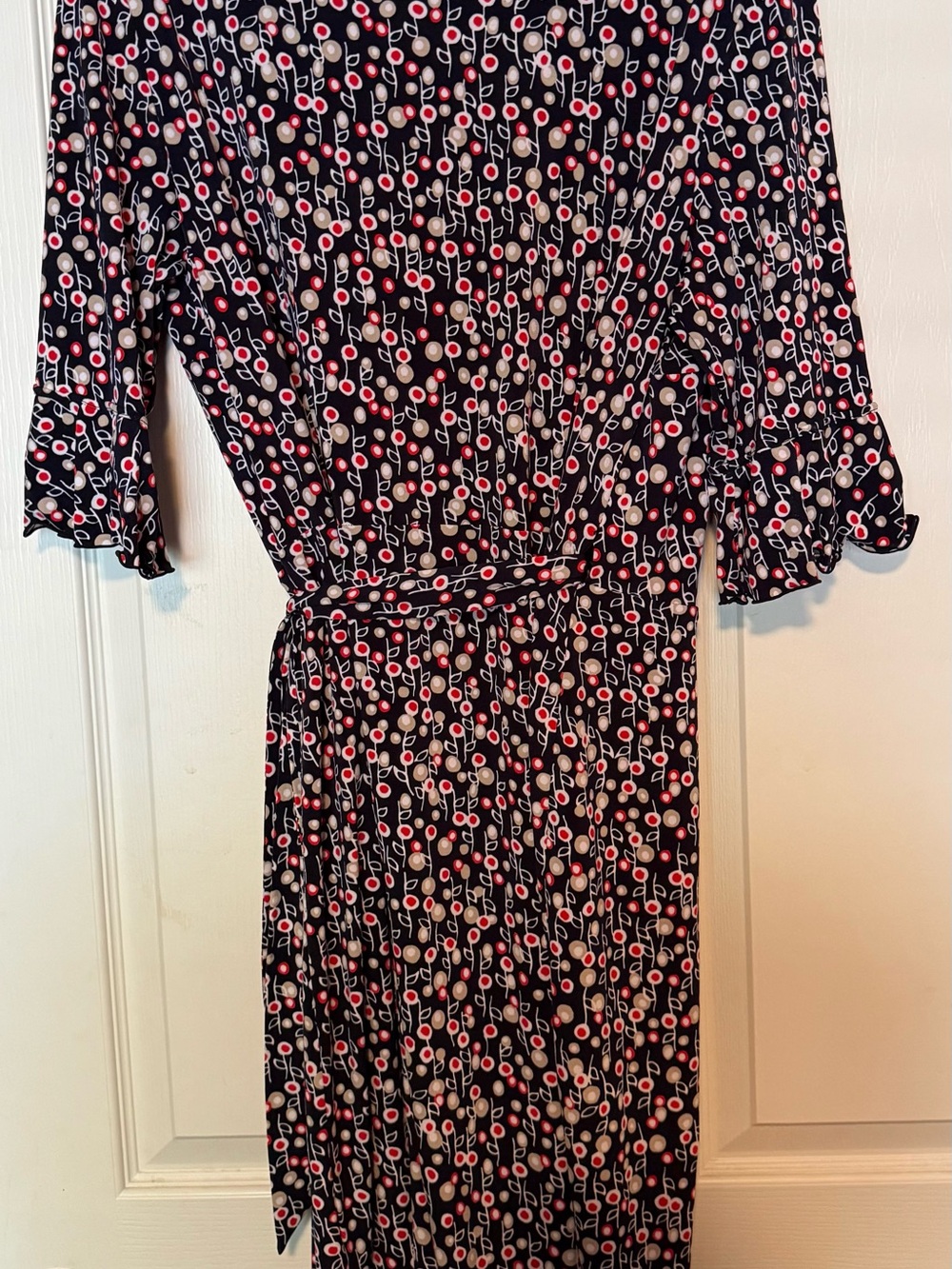 Liz Claiborne Black Long-Sleeve Belted Dress with Red & Cream Dot Floral Print